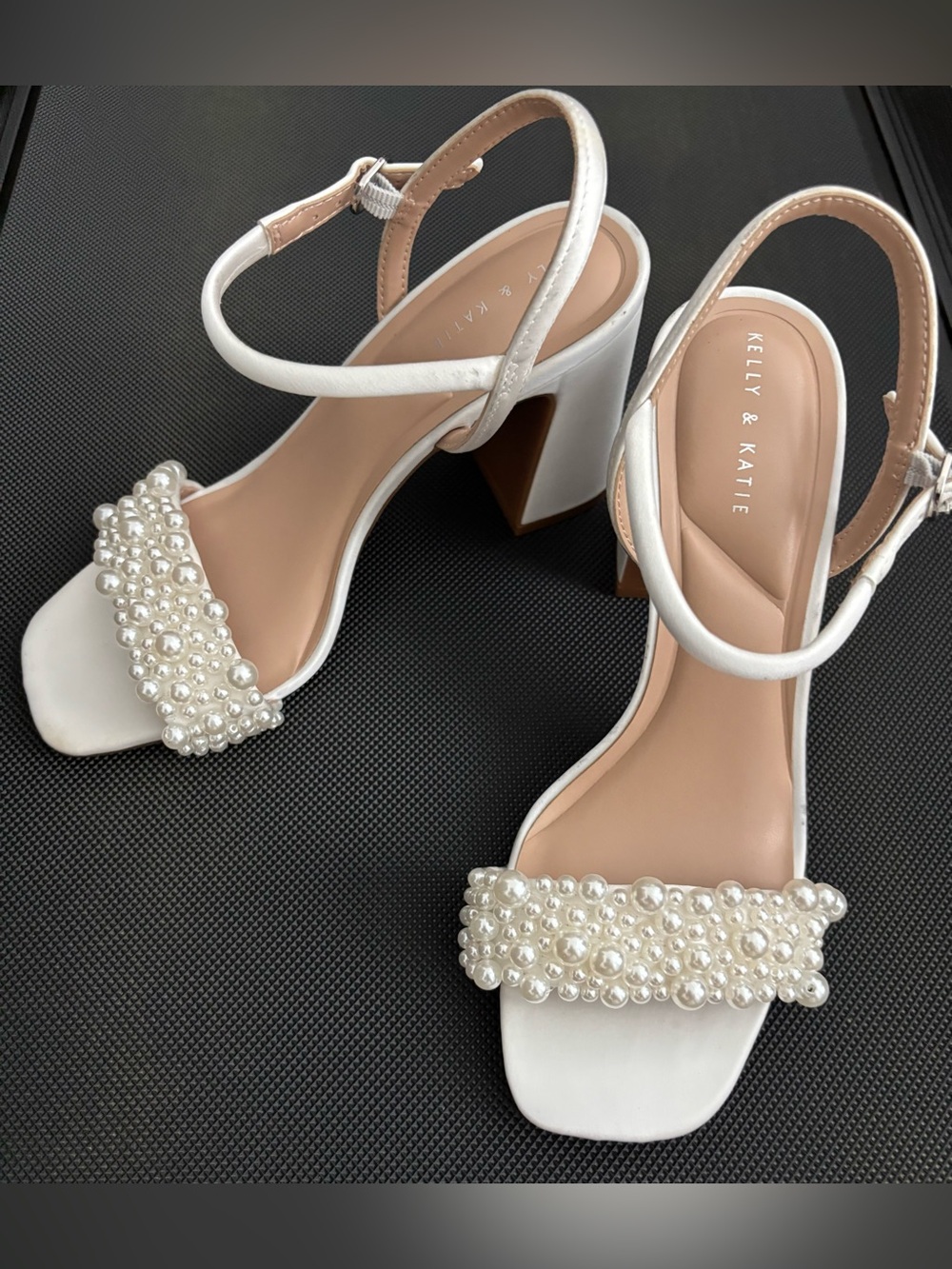Kelly & Katie white satin pearled heels 7